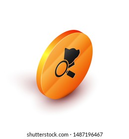 Isometric Veterinary clinic symbol icon isolated on white background. Magnifying glass with cat veterinary care. Pet First Aid sign. Orange circle button. Vector Illustration