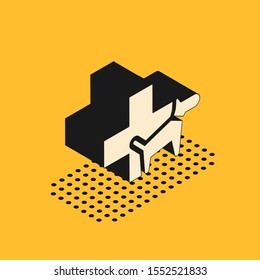 Isometric Veterinary clinic symbol icon isolated on yellow background. Cross with dog veterinary care. Pet First Aid sign.  Vector Illustration