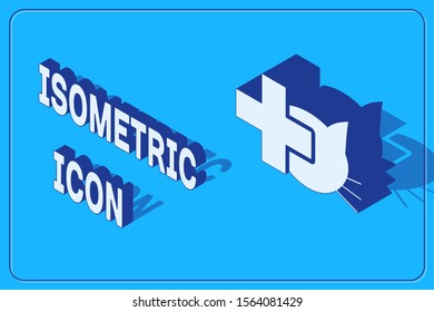 Isometric Veterinary clinic symbol icon isolated on blue background. Cross with cat veterinary care. Pet First Aid sign.  Vector Illustration