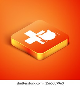 Isometric Veterinary clinic symbol icon isolated on orange background. Cross with cat veterinary care. Pet First Aid sign.  Vector Illustration