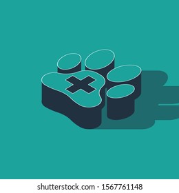 Isometric Veterinary clinic symbol icon isolated on green background. Cross hospital sign. A stylized paw print dog or cat. Pet First Aid sign.  Vector Illustration