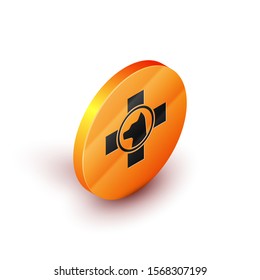 Isometric Veterinary clinic symbol icon isolated on white background. Cross with dog veterinary care. Pet First Aid sign. Orange circle button. Vector Illustration