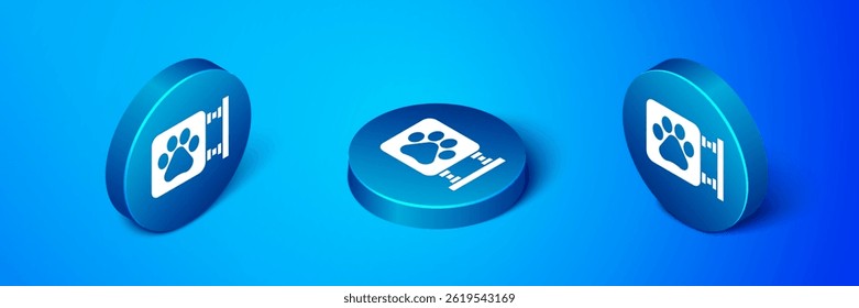 Isometric Veterinary clinic symbol icon isolated on blue background. Cross hospital sign. A stylized paw print dog or cat. Pet First Aid sign. Blue circle button. Vector