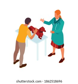 Isometric veterinary composition with view of doctor performing health checkup of dog with master vector illustration