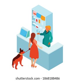 Isometric veterinary composition with view of pharmacy counter with master and dog vector illustration