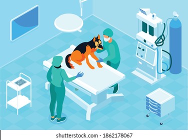Isometric veterinary composition with view of surgery room with doctors in uniform dog and medical apparatus vector illustration