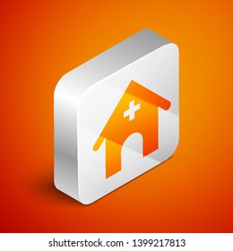 Isometric Veterinary medicine hospital, clinic or pet shop for animals icon isolated on orange background. Vet or veterinarian clinic. Silver square button. Vector Illustration