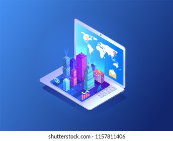 Isometric vetor notebook with city model web technology 