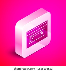 Isometric VHS video cassette tape icon isolated on pink background. Silver square button. Vector Illustration