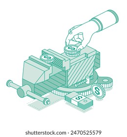 Isometric vice with a dollar coin clamped. Work tool. Crisis concept. Vector illustration. Outline objects isolated on white background.