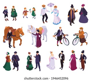 Isometric victorian fashion color set with isolated human characters of medieval people with adults and children vector illustration 