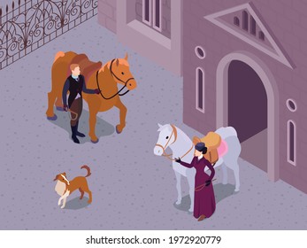 Isometric victorian fashion composition with outdoor scenery and characters of gentleman and lady snaffling their horses vector illustration