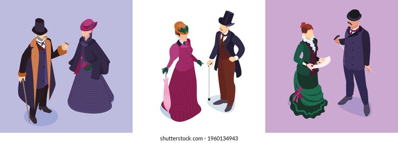 Isometric victorian fashion design concept with set of three square compositions with people in medieval clothes vector illustration