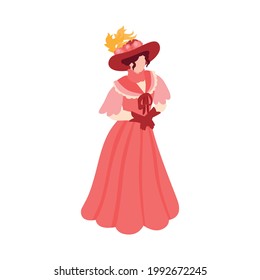 Isometric victorian fashion icon with woman character wearing dress gloves and hat vector illustration