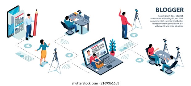 Isometric video blogger infographics with copywriter and journalist symbols vector illustration