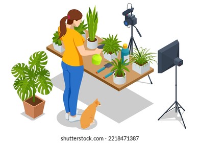 Isometric video blogger planting flower, gardening and housework. Woman or blogger planting pot flowers with camera recording tutorial video at home. Gardening, hobby