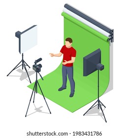 Isometric Video Blogger Recording Video With Camera. Journalist. Tutorial Blogger, Blog Online, Web Vlogger. Online Influencer Vlogger Girl Cocial Media Live Steaming Concept