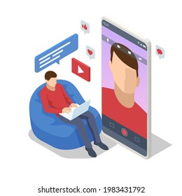 Isometric Video Blogger Recording Video With Camera. Journalist. Tutorial Blogger, Blog Online, Web Vlogger. Online Influencer Vlogger Girl Cocial Media Live Steaming Concept