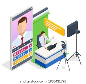 Isometric Video Blogger Recording Video With Camera. Journalist. Tutorial Blogger, Blog Online, Web Vlogger. Online Influencer Vlogger Girl Cocial Media Live Steaming Concept