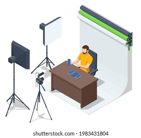 Isometric Video Blogger Recording Video With Camera. Journalist. Tutorial Blogger, Blog Online, Web Vlogger. Online Influencer Vlogger Girl Cocial Media Live Steaming Concept