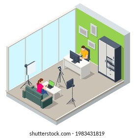 Isometric Video Blogger Recording Video With Camera. Tutorial Blogger, Blog Online, Web Vlogger. Online Influencer Vlogger Girl Cocial Media Live Steaming Concept