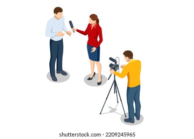 Isometric Video Blogger Records Content In His Studio, Live Streaming, Broadcast concept. Video Streaming Podcast. Online Video. Male and Female Social Media Network Bloggers.