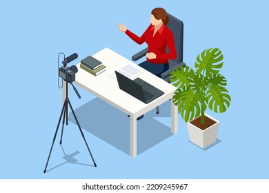 Isometric Video Blogger Records Content In His Studio, Live Streaming, Broadcast concept. Video Streaming Podcast. Vloggers Cartoon Character. Online Video