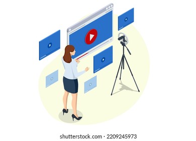 Isometric Video Blogger Records Content In His Studio, Live Streaming, Broadcast concept. Video Streaming Podcast. Vloggers Cartoon Character. Online Video