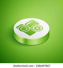 Isometric Video camera and gear icon isolated on green background. Adjusting app, service concept, setting options, maintenance, repair, fixing. White circle button. Vector Illustration