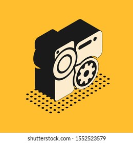 Isometric Video camera and gear icon isolated on yellow background. Adjusting app, service concept, setting options, maintenance, repair, fixing.  Vector Illustration
