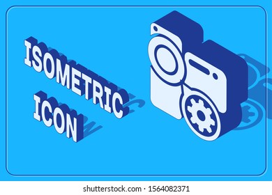 Isometric Video camera and gear icon isolated on blue background. Adjusting app, service concept, setting options, maintenance, repair, fixing.  Vector Illustration