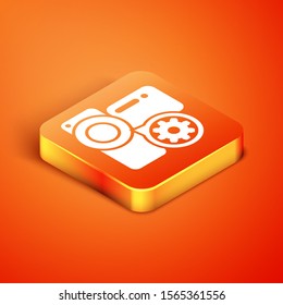 Isometric Video camera and gear icon isolated on orange background. Adjusting app, service concept, setting options, maintenance, repair, fixing.  Vector Illustration