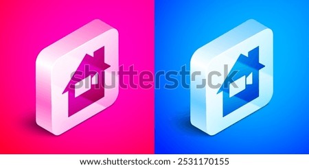 Isometric Video camera Off in home icon isolated on pink and blue background. No video. Silver square button. Vector