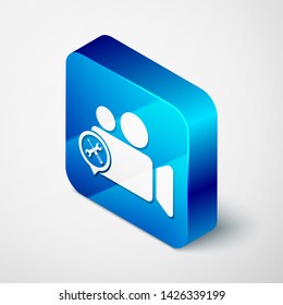 Isometric Video camera with screwdriver and wrench icon isolated on white background. Adjusting, service, setting, maintenance, repair, fixing. Blue square button. Vector Illustration