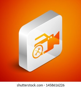 Isometric Video camera with screwdriver and wrench icon isolated on orange background. Adjusting, service, setting, maintenance, repair, fixing. Silver square button. Vector Illustration