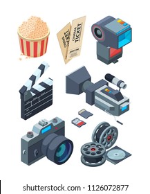 Isometric Video Cameras. Tools For Video Production. Vector Clapboard And Ticket Illustration