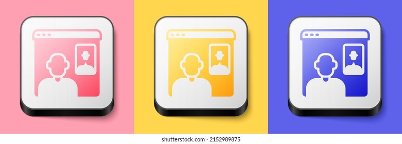 Isometric Video chat conference icon isolated on pink, yellow and blue background. Online meeting work form home. Remote project management. Square button. Vector