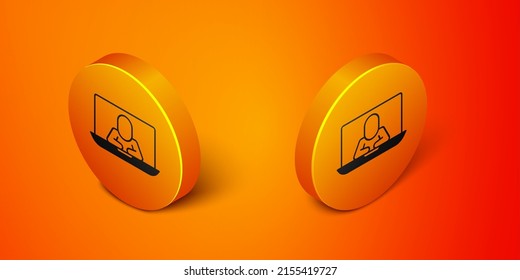 Isometric Video chat conference icon isolated on orange background. Online meeting work form home. Remote project management. Orange circle button. Vector
