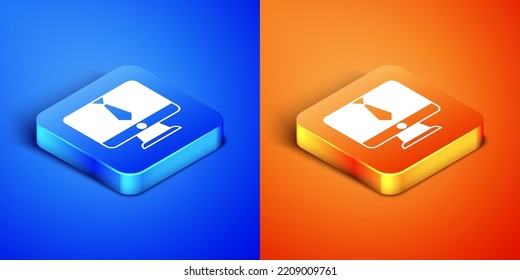Isometric Video chat conference icon isolated on blue and orange background. Online meeting work form home. Remote project management. Square button. Vector