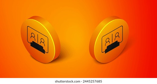 Isometric Video chat conference icon isolated on orange background. Online meeting work form home. Remote project management. Orange circle button. Vector
