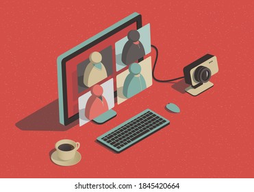 Concepto de videoconferencia isométrico con computadora y cámara web
