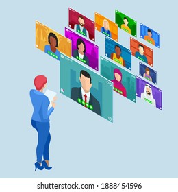 Isometric Video Conference. Group Corporate Video Conference. Online Meeting Work Form Home. Home Office. Remote Project Management. Multiethnic Business Team.