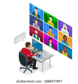 Isometric video conference. Group Corporate Video Conference. Online meeting work form home. Home office. Remote project management. Multiethnic business team.