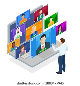 Isometric Video Conference. Group Corporate Video Conference. Online Meeting Work Form Home. Home Office. Remote Project Management. Multiethnic Business Team.