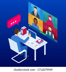 Isometric video conference. Online meeting work form home. Home office. Multiethnic business team. Stay at home and work from home concept during Coronavirus pandemic