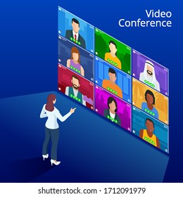 Isometric Video Conference. Online Meeting Work Form Home. Home Office. Multiethnic Business Team. Stay At Home And Work From Home Concept During Coronavirus Pandemic