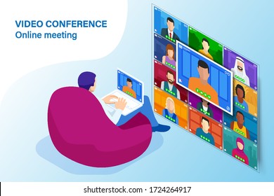 Isometric Video Conference. Online Meeting Work Form Home. Home Office. Multiethnic Business Team. Stay At Home And Work From Home Concept During Coronavirus Pandemic.