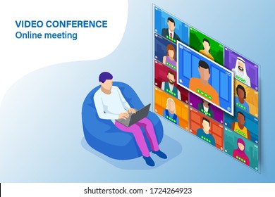 Isometric video conference. Online meeting work form home. Home office. Multiethnic business team. Stay at home and work from home concept during Coronavirus pandemic.