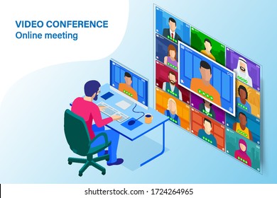 Isometric Video Conference. Online Meeting Work Form Home. Home Office. Multiethnic Business Team. Stay At Home And Work From Home Concept During Coronavirus Pandemic.