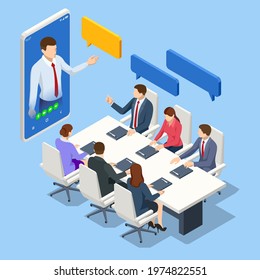 Isometric video conference. Online meeting work form home. Business analysis, analytics, research, strategy statistic, planning, marketing, study of performance indicators.